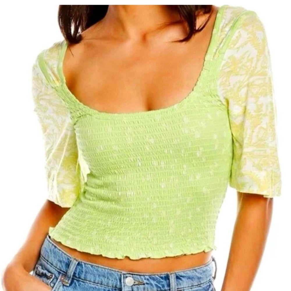 NWT Free People Marigold Top Key Lime Combo Size Medium Smocked Back